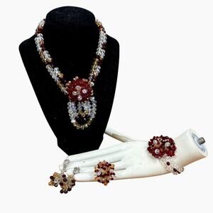 Vintage Beaded Necklace set earrings bracelet ring faux clear and ruby bead